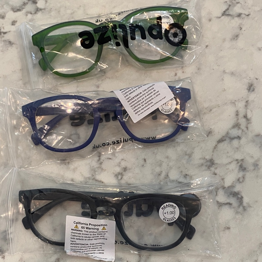 Opulize  Green, Blue, and Black Glasses Trio total three